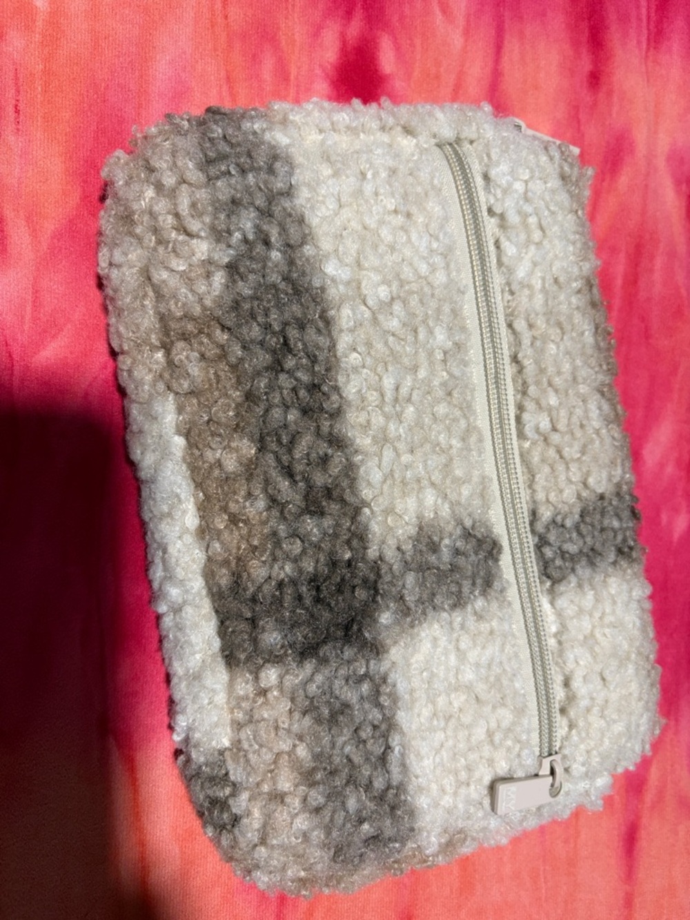 Cozy Sherpa Zip Pouch in Cream and Gray Plaid